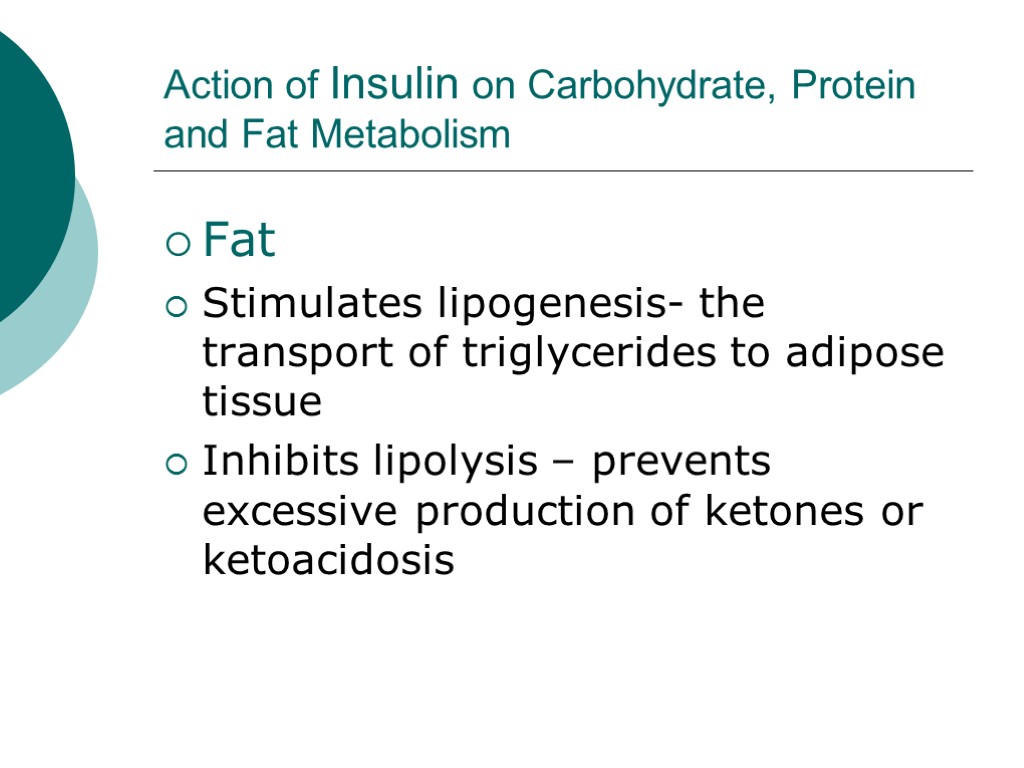 Action of Insulin on Carbohydrate, Protein and Fat Metabolism Fat Stimulates lipogenesis- the transport